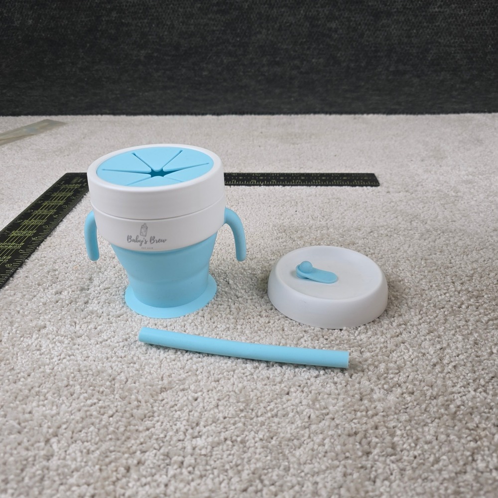 Baby's Brew 2-in-1 Snack Cup and Sippy Cup Blue Collapsible Silicone with Straw